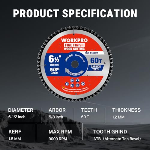 WORKPRO 6-1/2" Circular Saw Blade, 60T Fine Finish Wood Cutting | Trim & Smooth Finish Cuts, Thin Kerf Carbide Tipped ATB Teeth for Plywood, DIY Woodworking Projects, 1 Pack