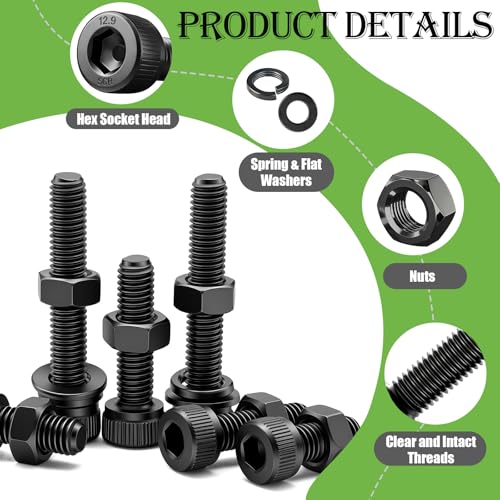 mxuteuk 888PCS Metric Screws Assortment,M4 M3 M2.5 M2 Screws Kit, Suitable for 3D Printing DIY, Grade 12.9 Alloy Steel Hex Socket Head Cap Bolts Nuts and Washers Kit, Black Zinc Plated - size: 888PCS M2 M2.5 M3 M4