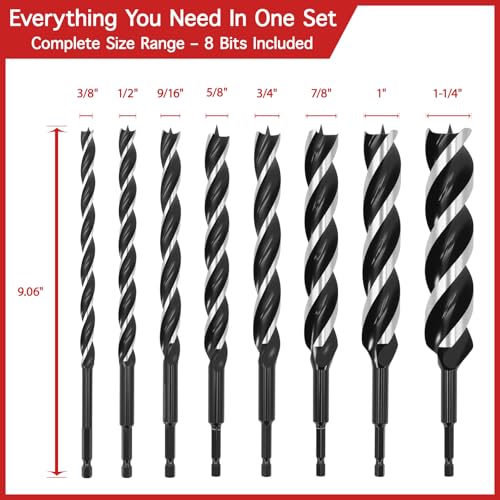 Auger Drill Bit Set for Wood – 8pcs Hex Shank Wood Auger Drill Bits with Wooden Storage Case, 9" Length, 3/8" to 1-1/4", Heavy Duty Bits for Softwood and Hardwood - size: 3/8"-1-1/4" x 9", 8 Pcs