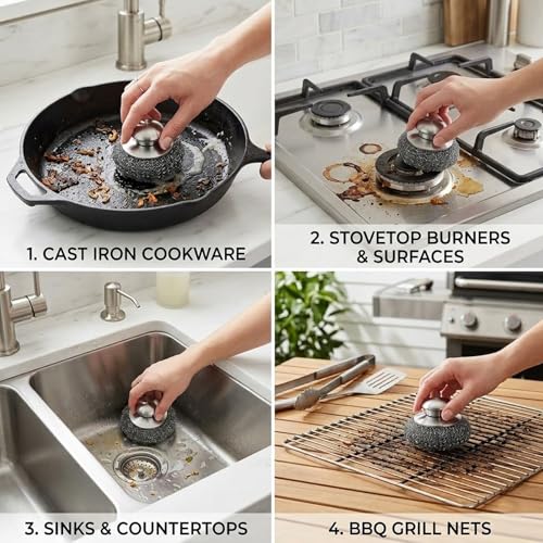 Steel Wool Scrubber, 8-Pack Stainless Steel Scrubber Pads with Handle - The Ultimate Scouring Solution for Rust, Stubborn Messes on Cookware, Grill, Oven & Kitchen Sinks - size: 2 Handle+6 Pads