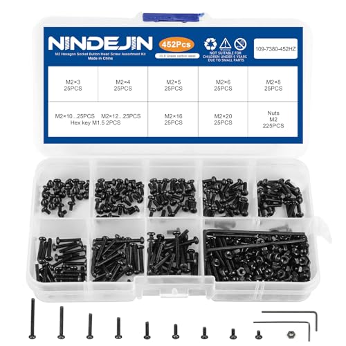 NINDEJIN M2 Button Head Socket Cap Bolts Screws, Metric M2 x 3/4/5/6/8/10/12/16/20mm Screws Bolts Nuts Assortment Kit, 452Pcs Allen Hex Drive, Black Oxide, 10.9 Carbon Steel, Fully Threaded - size: 452Pcs M2 3mm-20mm