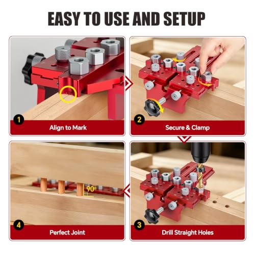 Dowel Jig Kit with Position Stop & Clamp, Full-Featured Doweling Jig | Self Centering Doweling Jig for 1/4",3/8",1/2" Drill Bits, Exact Straight Holes in Any Thickness Wood for Furniture, Cabinet