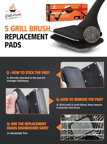 MEKER Grill Brush Bristle Free, Grill Cleaner Brush with 5 BBQ Replacement Head for Cast Iron, Stainless Steel Grates, Safe Grill Scraper Outdoor BBQ Grill, Black - color: Black-brush+5 Heads