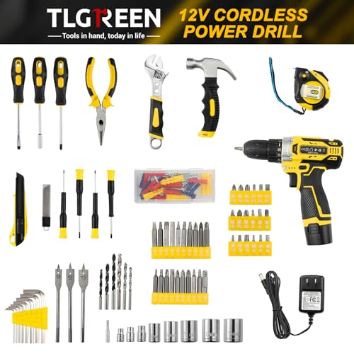 TLGREEN 138-Piece Tool KIT with 12V Cordless Drill and Case, Yellow - color: Yellow