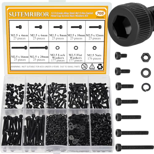 705 Pieces M2.5 Screws Nuts Washers Set Black, Sutemribor M2.5 x 4/6/8/10/12/16/20mm Hex Socket Head Cap Screws Nuts Washers Assortment Kit, 12.9 Grade Alloy Steel, Fully Threaded - size: M2.5 x 4/6/8/10/12/16/20mm Kit, style: Socket Head
