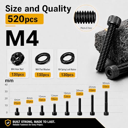 520PCS M4 Screws Assortment Kit, M4x6/8/10/12/16/20/25/30mm Hex Socket Head Cap Bolts, Nuts & Washers Set, 12.9 Grade Alloy Steel Black Oxide M4 Machine Screws for 3D Printer, DIY - size: M4 520pcs