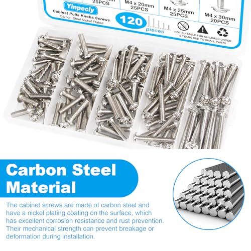 120 Pcs Cabinet Pulls Knobs Screws, M4x16/18/20/25/30mm | M4 Machine Screws Pan Washer Head Metal Phillips Screws Kit for Cabinet Drawer Cupboard Closet Handles Install - size: M4×16/18/20/25/30mm