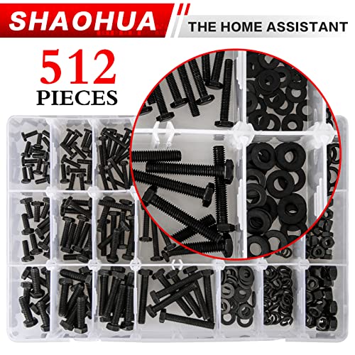 512PCS M3 M4 M5 Metric Bolt Assortment Kit, Grade 8.8 Carbon Steel Flat Hex Head Screws Bolts and Nuts Kit, Lock and Flat Gasket Washers Assortment Kit Includes 12 Most Common Sizes(Black) - size: E. M3 M4 M5