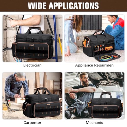 Tool Bags for Men, 17 Inch Heavy Duty, 20 Pockets, Wide Mouth | Full-opening design, 900D Oxford and shoulder strap for worksites, for electricians, mechanics, carpenters and HVAC techs