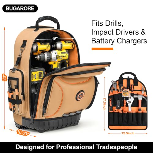 Rolling Tool Backpack with Wheels, 16" Heavy Duty Tool Bag with Molded Base - color: Brown