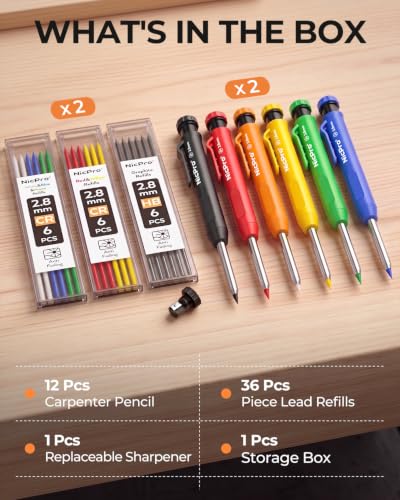 Nicpro Carpenter Pencil with Sharpener, 12Pcs Construction Pencil+52 Refill - color: Multicolor, size: 12 Pack