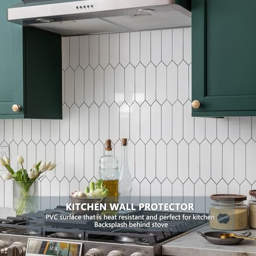 Vamos Tile Glossy White Backsplash Tile Peel and Stick, 12.8 x 12.8 Inch 10 Sheets Long Hexagon PVC Self Adhesive Mosaic Wall Tiles Stick on Backsplash for Kitchen and Bathroom - color: Glossy White with Dark Gray Grout
