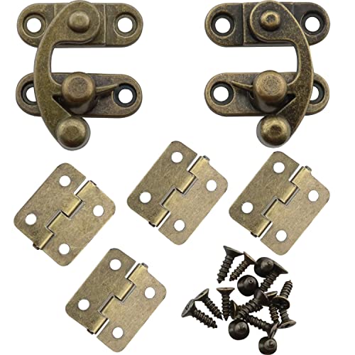 2 Sets Antique Right and Left Latch Hook Hasp and 4pcs Small Box Mini Hinges with Replacement Screws, Bronze