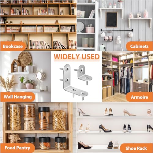 MAPVOLUT 32 PCS L Bracket, Heavy Duty L Brackets for Wood Shelves, with 100* Screws, 90 Degree Stainless Steel Corner Angle Bracket Metal Shelf Brackets Corner Cabinet, 16*(1.6x1.6in), 16*(0.8x0.8in) - size: 2 SIZE Silver