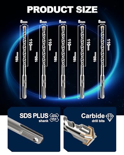 SDS Plus Carbide Cross Tip Concrete Drill Bit - 5/16" SDS-Plus Hammer Drill Set for Concrete, Brick, Stone & Masonry - 6" Length (10-Piece) - size: 5/16"x6"