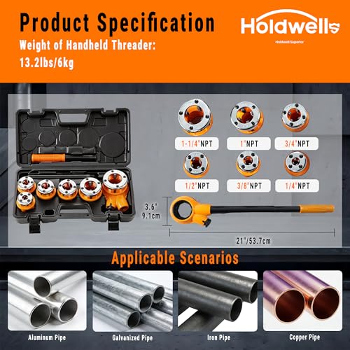 Ratchet Pipe Threader Kit w/ 6 NPT Dies (1/4", 3/8", 1/2", 3/4", 1", 1-1/4"), Heavy-Duty 9SiCr Steel Threading Tool for Galvanized, Iron, Copper & Aluminum Pipes, Portable with Storage Case - size: 1/4" - 1-1/4" (6pcs)