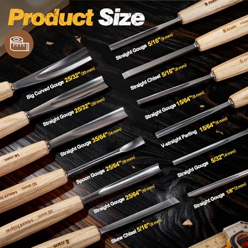 Wood Carving Chisel Set, 12 Pieces CR-V Steel with Nylon Hammer