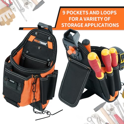 MELOTOUGH Small Electrician Tool Pouch With Belt Clip Attachment - 9 Pockets Tradesman Bag With Tape Thong - Holster for Electricians - color: Orange Electrician Tool Pouch