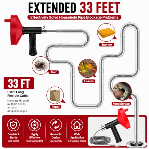 Drain Snake Auger, 33 FT Plumbing Snake Drain Hair Clog Removal Tool, Heavy Duty Snake Auger, Sink Unclogger Drain Cleaner Tool for Bathroom Kitchen Tub Shower Drain Clog Remover with Gloves, Red