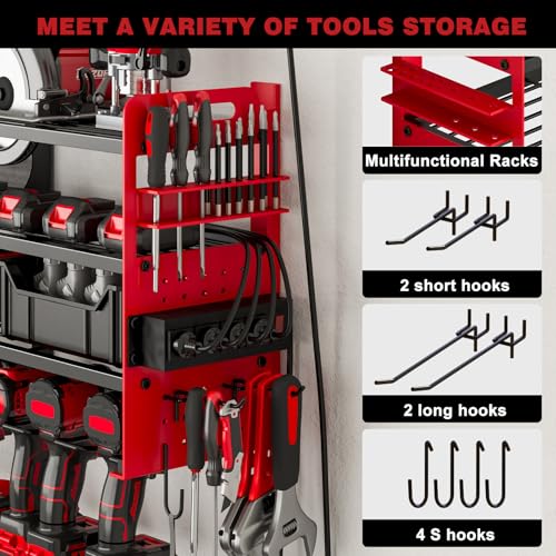 Power Tool Organizer Wall Mount, 12-Drill 4-Tier Charging Station, Red - color: Red