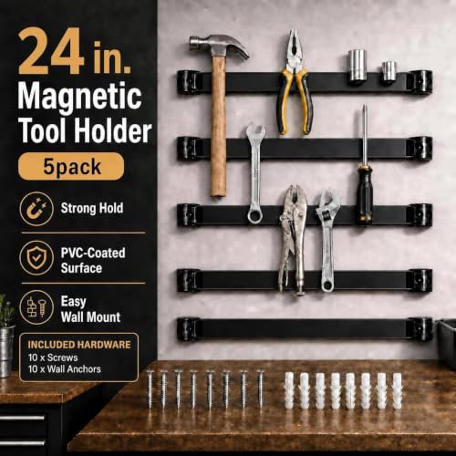 24" Magnetic Tool Holder, 5 Pack PVC-Coated Heavy Duty for Garage - style: 24IN-5 PACK