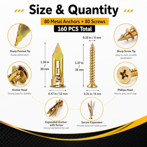 Jyphorixal 160 PCS Self Drilling Drywall Anchors with Screws Kit, Heavy Duty Metal Wall Anchors for Drywall, Sheetrock Anchors 0.47x1.18inch with Screws, No Drill Dry Wall Anchors and Screws Kit - size: 160Pcs 0.47X1.18inch