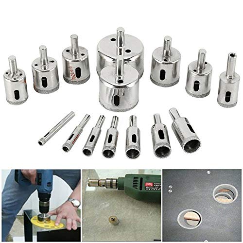 17Pcs Diamond Drill Bit Set, Including 15Pcs Diamond Bits 6-50mm, Adjustable Hole Saw Guide Jig Fixture for Glass, Porcelain, Ceramic, Marble, Tile, Granite