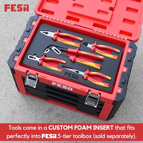 FESA Electrician Insulated Pliers Set - 1000V 5-Piece Professional Electrician Pliers Set with Chrome Vanadium (CR-V) Jaws & Soft-Grip Traction Handles - 1000V Insulated Tools for Electricians