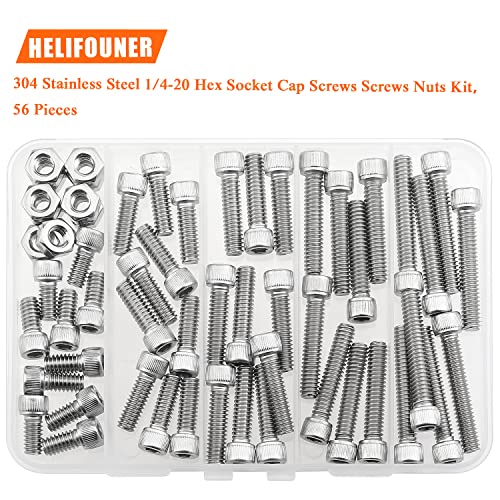 HELIFOUNER 56 Pieces 1/4-20 x 1/2" 3/4" 1" 1-1/4" 1-1/2", Hex Socket Head Cap Screws Bolts Nuts Kit, Coarse Thread, Fully Machine Threaded, 304 Stainless Steel - size: 1/4-20, style: Socket Head