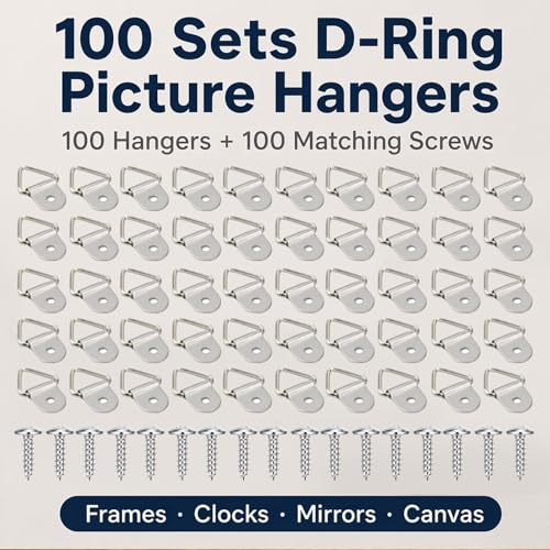 100pc Picture Hangers Kit D-Ring Hooks with Screws Heavy Duty for Hanging - color: Silver