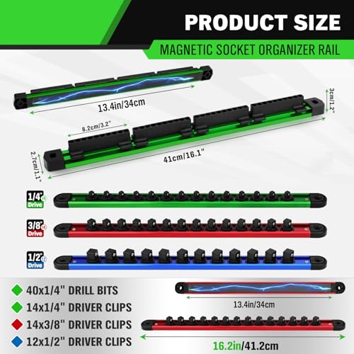 4-Piece Magnetic Socket Organizer Kit, 1/4'' 3/8'' 1/2'' Heavy Duty Socket Holder Holds 40 Clips, Aluminum Sockets Rail for Tool Box Drawer with 1/4'' Slidable Drill Bit Organizer Holds 40 Bits - style: Multi-Color 4-Piece