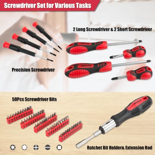 KITLUCK 228-piece Home Tool Kit, Household Hand Repair Tool Set for men, Portable Tool box Set with Tools (Screwdriver, Wrench, Plier, Socket, Harmer, Hex Key, Rule, Saw, Knife, etc.) for Home and Car - size: 228Pcs