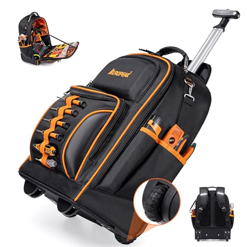 AUROPEAK Rolling Tool Backpack, 63 Pocket Heavy Duty Tool Bag with Wheels - size: 1.38" Wheel