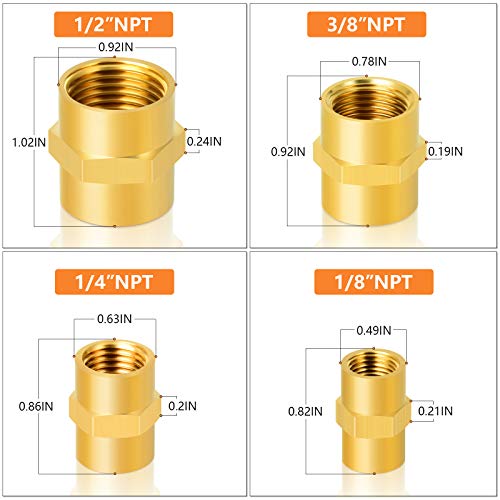 GASHER 8PCS Brass Pipe Fitting Hex Coupling Kit 1/8 inch 1/4 inch 3/8 inch 1/2 inch - style: Hex Coupling Kit（8Pcs）