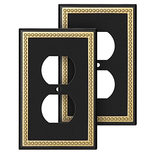 Pearled Frame Decorative Wall Plate Switch Plate Outlet Cover (Single Duplex 2PK, Black & Dark Golden) - style: Single Duplex 2PK