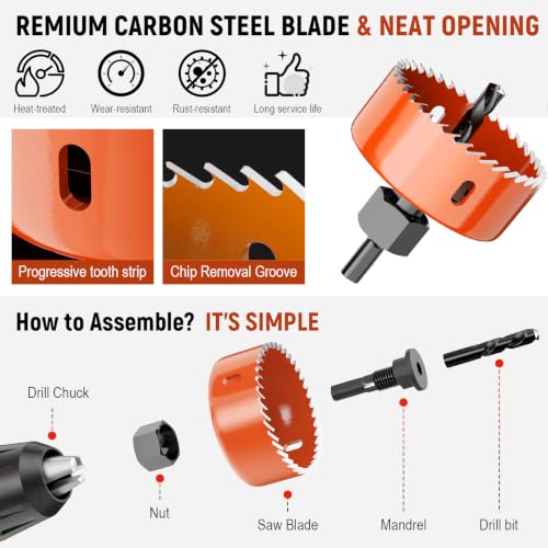 9-Piece Hole Saw Kit 32-76mm with Mandrels & Case for Wood, PVC, Plywood - color: Orange