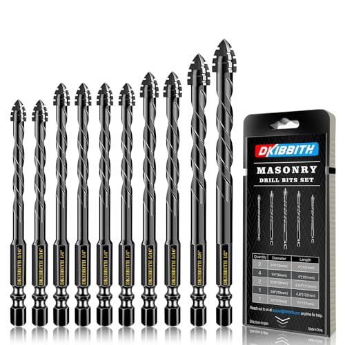 DKIBBITH 4-Flute Serrated Masonry Drill Bit Set (10-Piece, Black) - 3/16" to 1/2" for Concrete, Tile, Brick, Glass, Ceramic - size: 10 Piece 3/16"-1/2" Serrated Drill Bit Set
