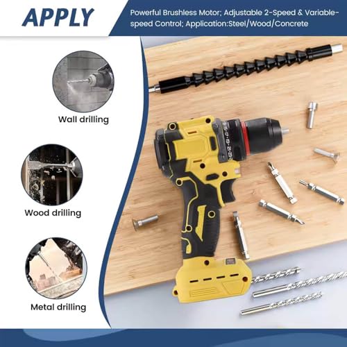 Brushless Drill Driver Compatible for Dewalt 20V Battery (No Battery), Cordless 2 Speed (0-450/1800RPM), 25+1 Torque, 3/8" Keyless Chuck for Home Repair