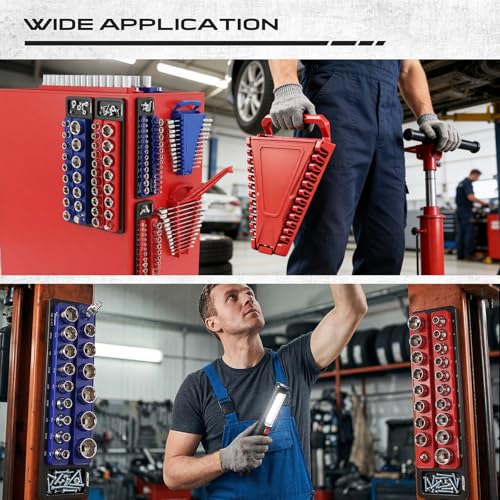 8-Piece Magnetic Socket and Wrench Organizer Set, Metric & SAE, 1/4", 3/8", 1/2"Drive Detachable Socket Storage Tray, 24-Slot Wrench Holder with Non-Slip Handle & Lock Cover for Toolbox Drawer Storage - style: 8-Piece Secure Locking Comb