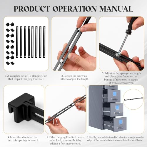 24 Pcs Metal Adjustable File Cabinet Rails Set Include 16 Hanging File Rail Clips 8 Cabinet Dividers Bars Suitable for Cabinets with Drawer Thickness Less Than 1/8 Inch(Black,10-18.5 Inch) - color: Black, size: 10-18.5 Inch