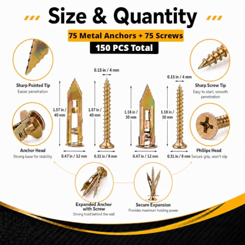 Jyphorixal 150Pcs Self Drilling Drywall Anchors with Screws Kit,Zinc Plated Steel,2 Sizes Expansion Screws and 2 Sizes Wall Anchors, Easy Application No Drill or Holes in Wall. - size: 150Pcs 2Size kit