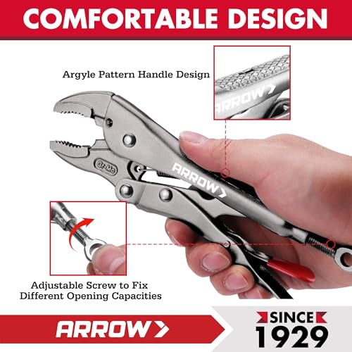 ARROW 7" Curved Jaw Locking Pliers with Screw Extractor | CR-MO Steel Pliers, Adjustable Screw, One-Hand Release, Anti-Slip Handle - size: 7 inch