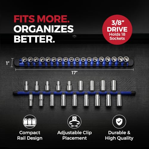 Olsa Tools 3/8-Inch Socket Organizer Rail with Locking Caps, Blue - color: Blue, size: 3/8-Inch Drive