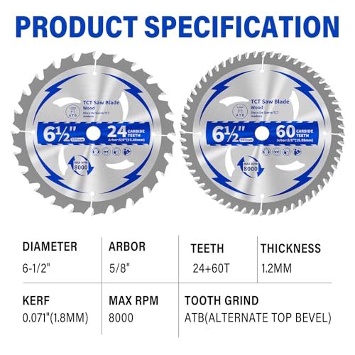 6-1/2 Circular Saw Blade 24T&60T for Wood Cutting 5/8" Arbor - size: 6-1/2 In 24&60T(2PCS)