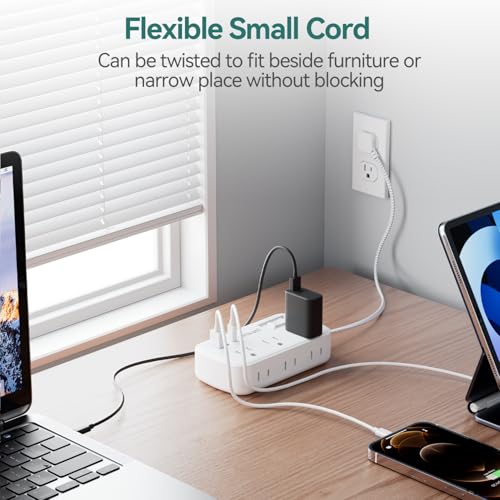 Small Power Strip 5 FT - Flat Plug Outlet Extender, 9-in-1 Surge Protector with 6 AC Outlets 3 USB (USB-C), 5ft Braided Extension Cord, Wall Mountable for Home Office Living Room TV Stand Bedside Desk - size: 5 FT