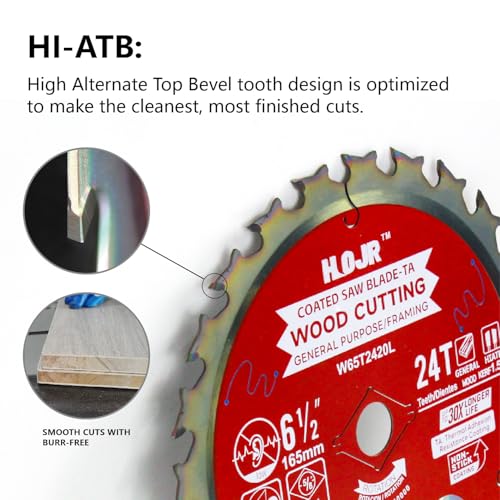Framing Saw Blade 6-1/2" 24-Tooth Arbor: 5/8", Framing/General Wood Cutting Circular Saw Blade, Cutting Head with Special Anti-Heat Adhesion Coating, Long Life, High Finish,W6-1/2 24T Teeth TA - size: 6-1/2" 24T