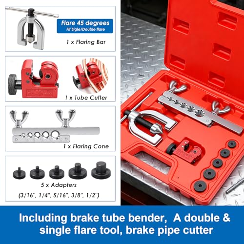 smseace 3/16 Inch+1/4 Inch Brake Line Flaring Tool Kit Include 25 FT Copper-Plated Brake Line Kit with 94pcs Fittings,8pcs Union,Tubing Bender,Double & Single Flare Tool,Cutter - color: Gold-B, size: 3/16inch+1/4inch