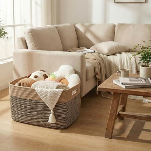 JMvicyroam 96L Large Woven Cotton Rope Blanket Basket, Jute&Black - color: Jute&Black, size: 96L