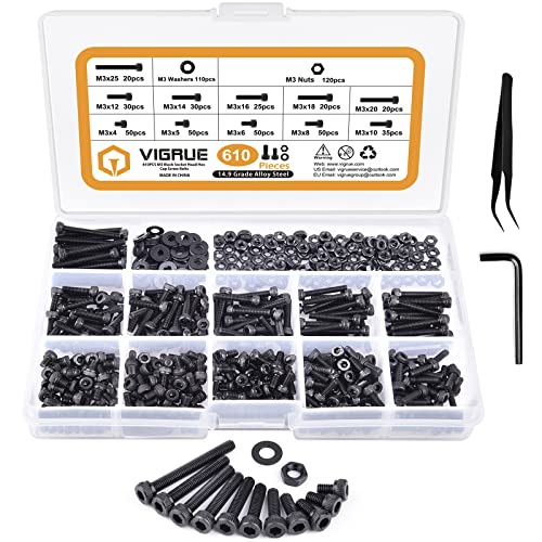 M3 x 4/5/6/8/10/12/14/16/18/20/25mm Socket Cap Screws, VIGRUE 610PCS 14.9 Grade Alloy Steel M3 Socket Hex Head Cap Machine Screws Bolts Nuts Washer Assortment Kit - size: M3 Socket black