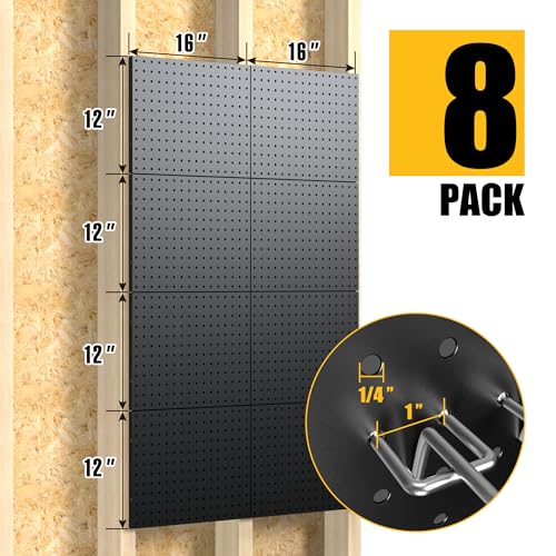 Spampur Peg Board, 8 Pack Metal Pegboard Panels with 50 Hooks - color: Black, size: 16x12"- 8 Pcs